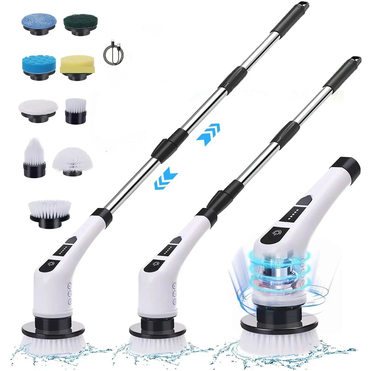 Two white cleaning brushes with extendable handles and attachments on a white background